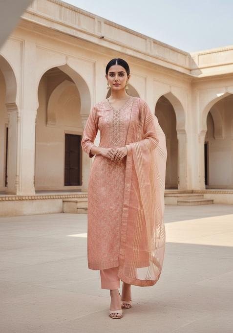 Peach Embroidery Cotton Kurta Set