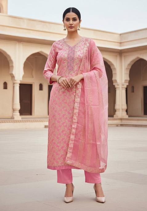 Pink Embroidery Cotton Kurta Set