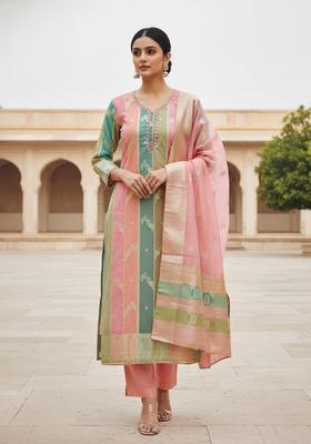 Peach Embroidery Cotton Kurta Set