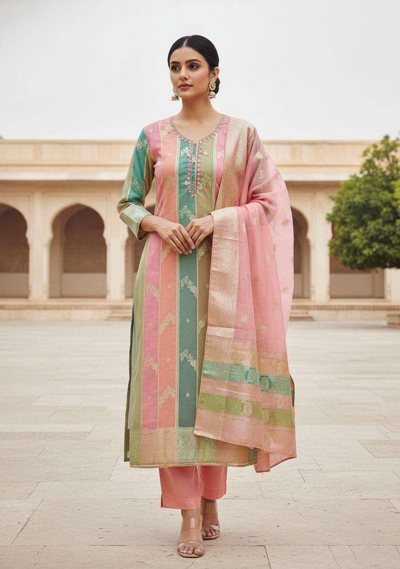 Peach Embroidery Cotton Kurta Set - Indya