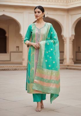 Green Embroidery Cotton Kurta Set