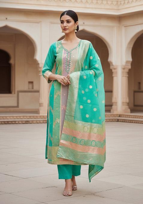 Green Embroidery Cotton Kurta Set