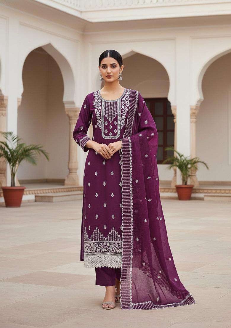 Wine Embroidery Chanderi Kurta Set - Indya