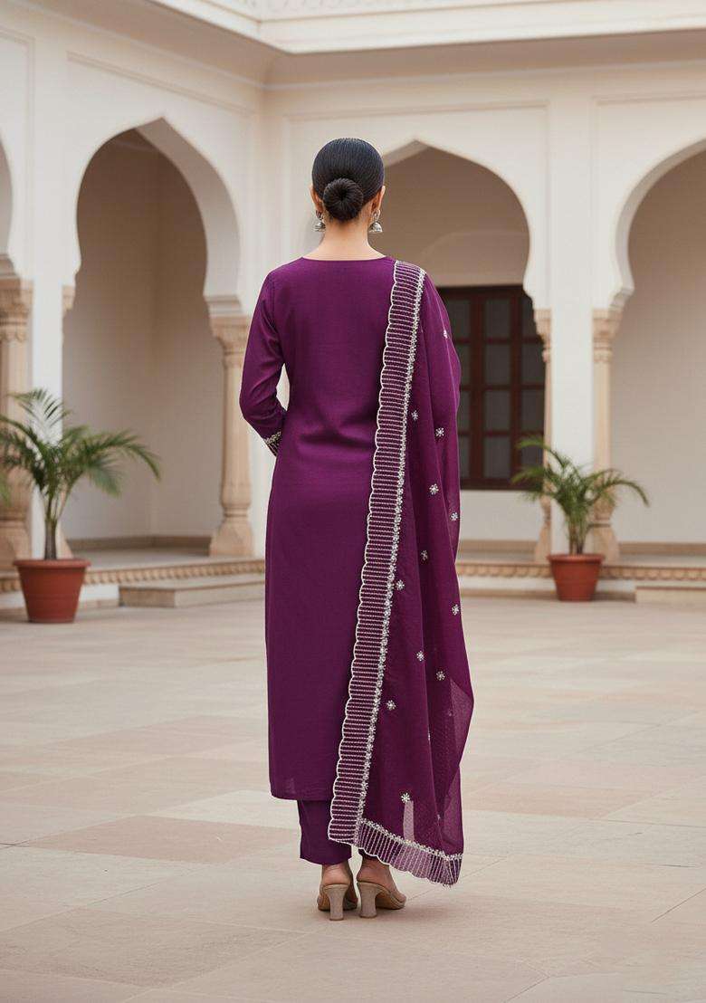 Wine Embroidery Chanderi Kurta Set - Indya