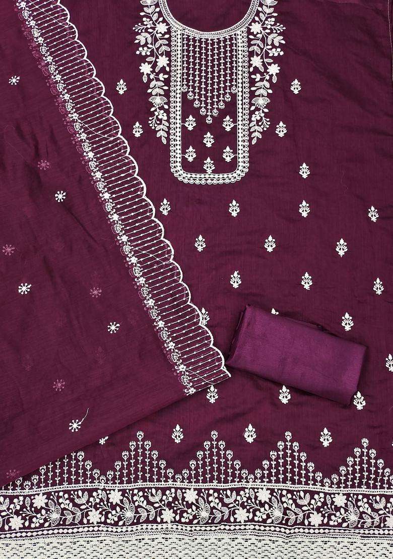 Wine Embroidery Chanderi Kurta Set - Indya