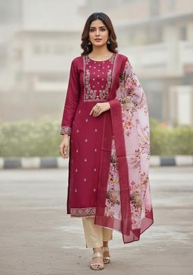 Wine Embroidery Cotton Kurta Set