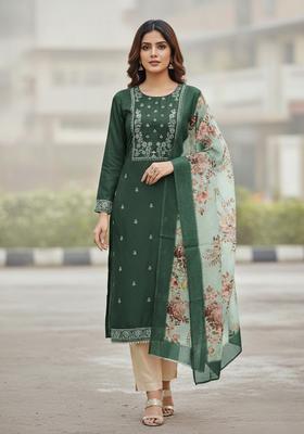 Green Embroidery Cotton Kurta Set