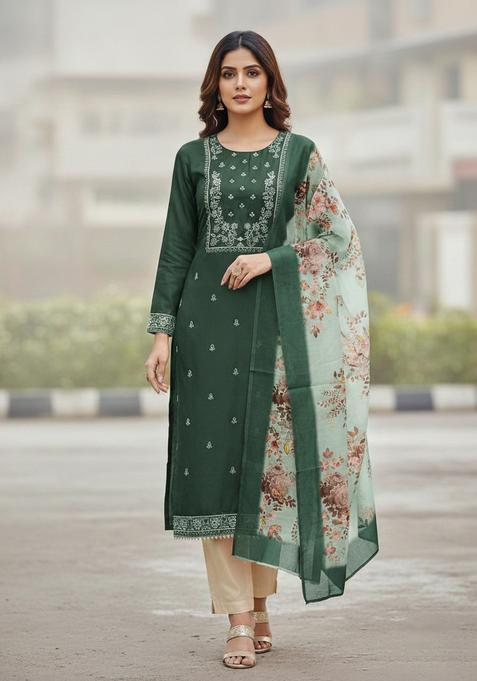 Green Embroidery Cotton Kurta Set