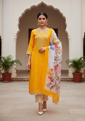 Yellow Embroidery Cotton Kurta Set