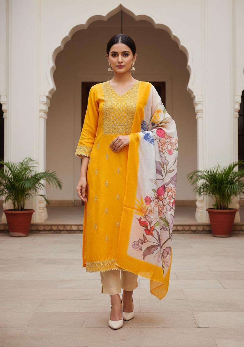 Yellow Embroidery Cotton Kurta Set - Indya