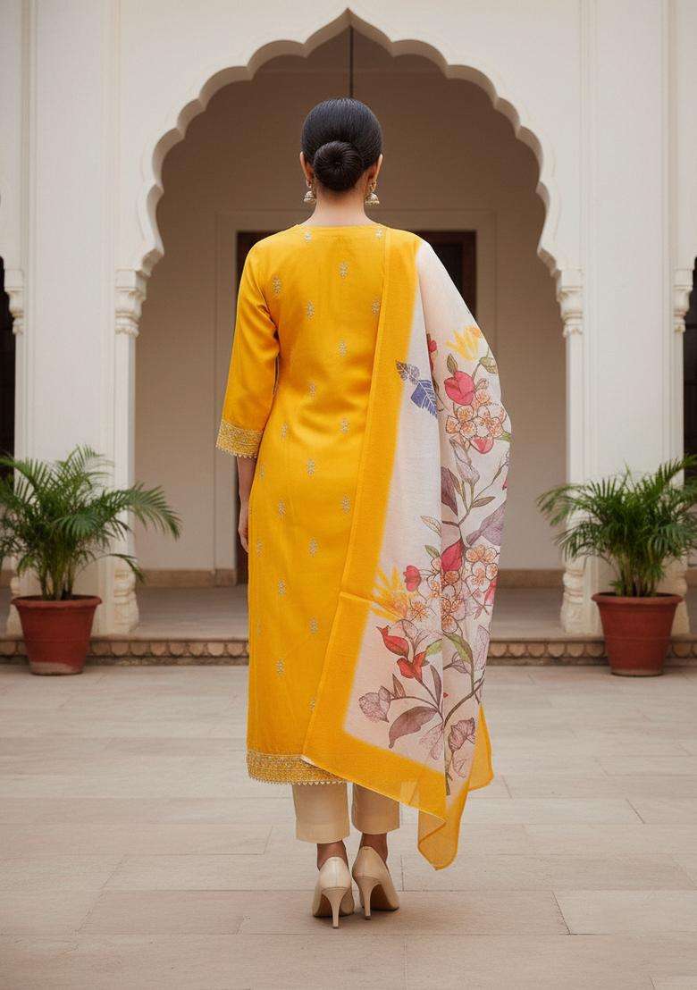 Yellow Embroidery Cotton Kurta Set - Indya