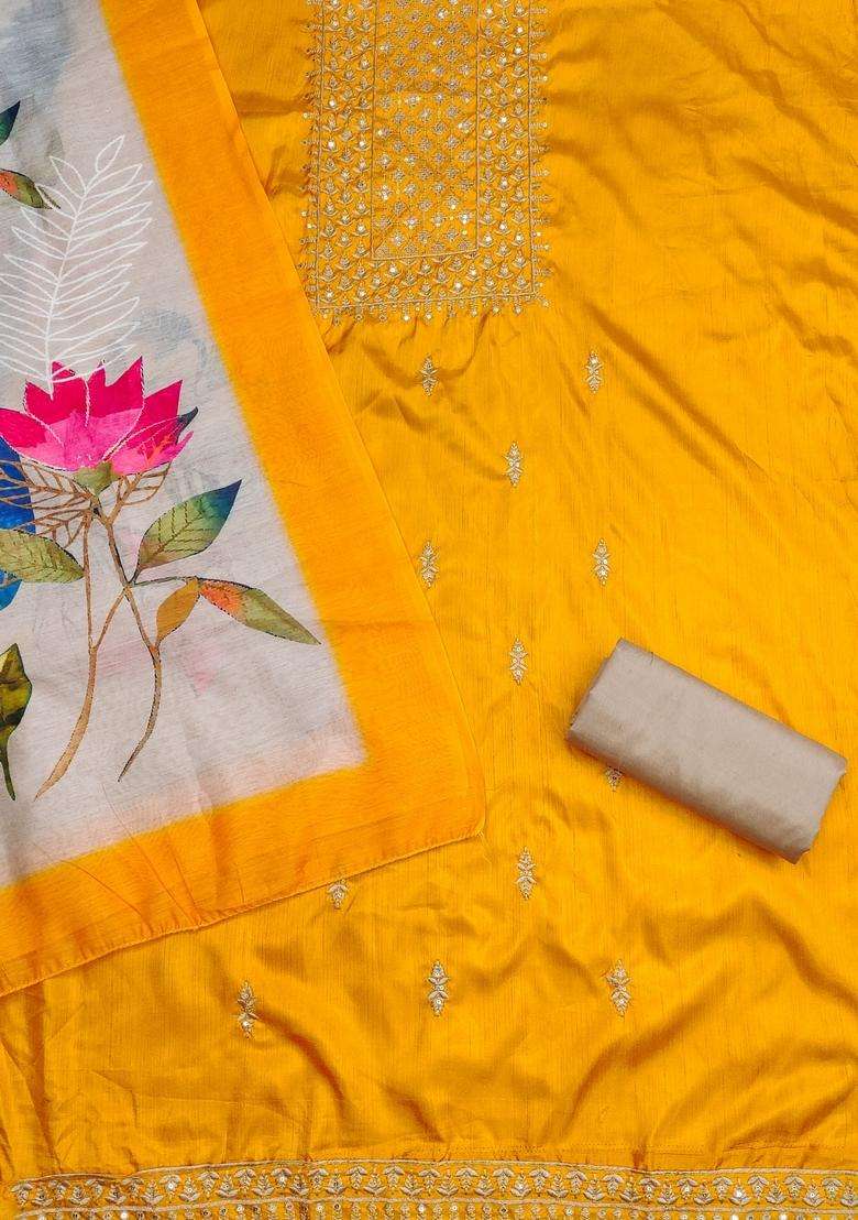 Yellow Embroidery Cotton Kurta Set - Indya
