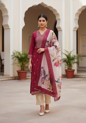 Maroon Embroidery Cotton Kurta Set