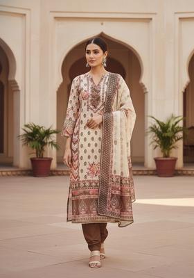 Brown Embroidery Chanderi Kurta Set