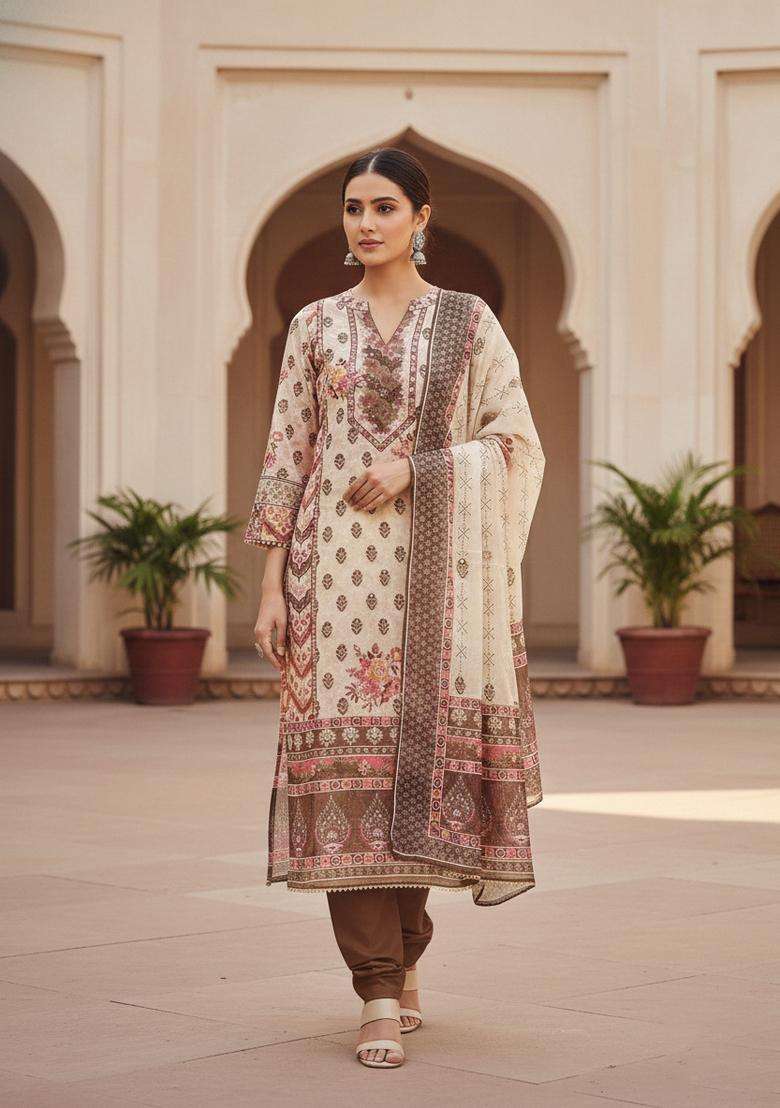 Brown Embroidery Chanderi Kurta Set - Indya