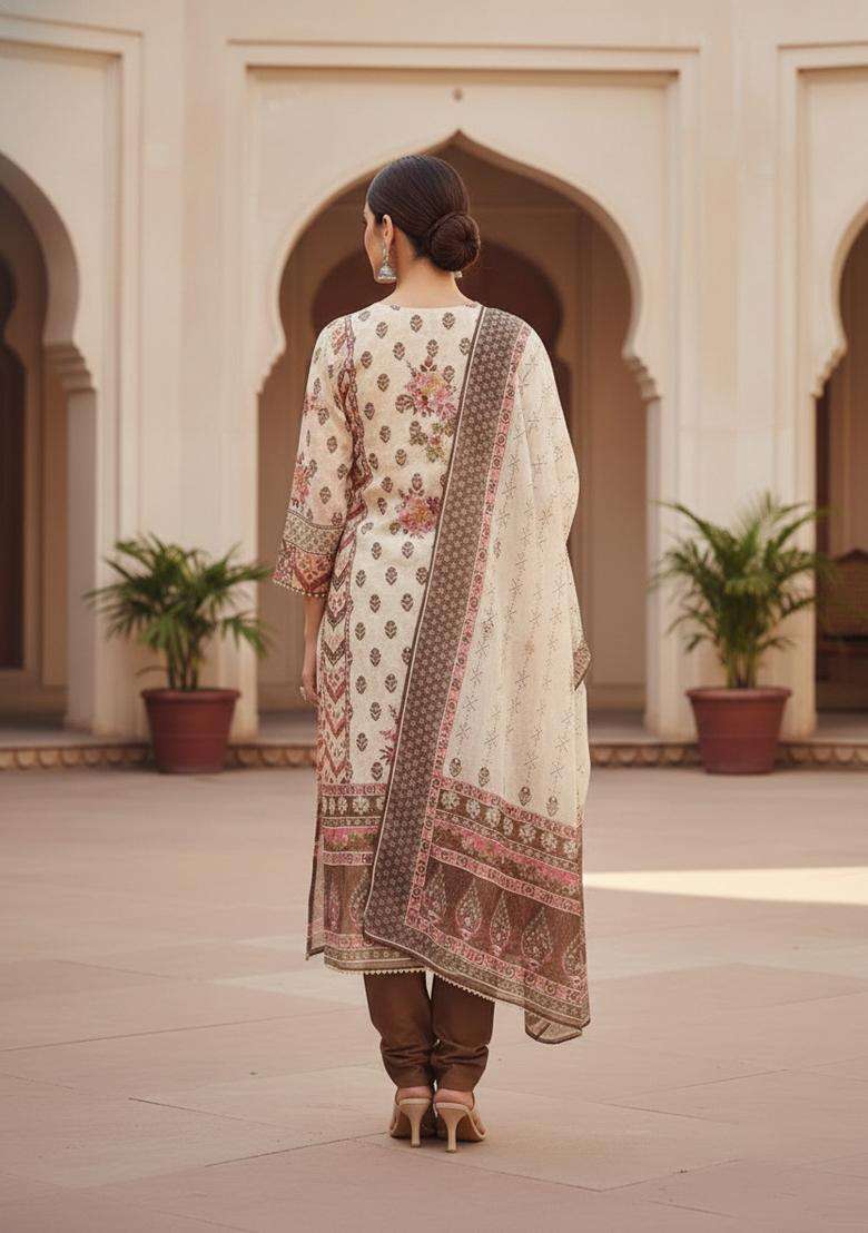 Brown Embroidery Chanderi Kurta Set - Indya