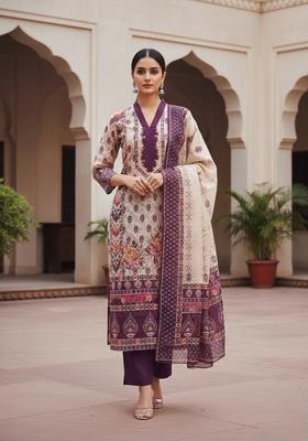 Purple Embroidery Chanderi Kurta Set