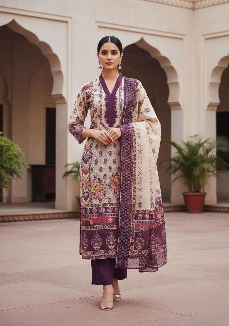 Purple Embroidery Chanderi Kurta Set - Indya