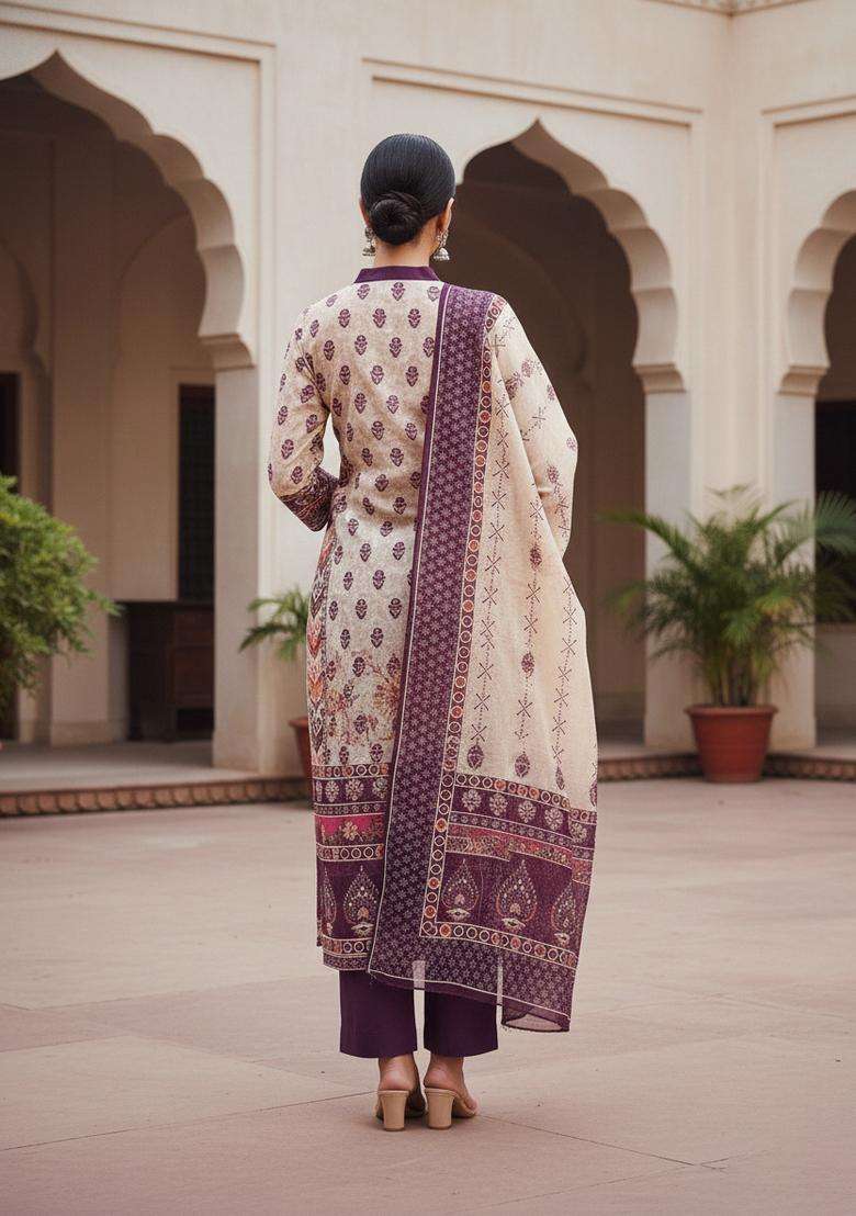 Purple Embroidery Chanderi Kurta Set - Indya