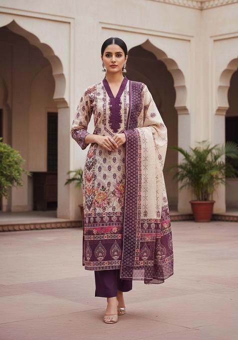 Purple Embroidery Chanderi Kurta Set