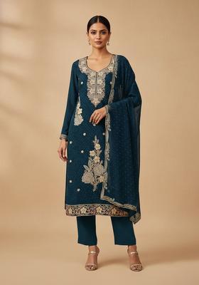 Teal Embroidery Georgette Kurta Set
