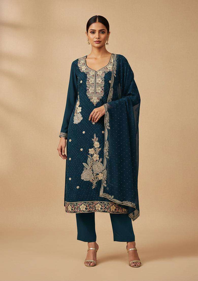 Teal Embroidery Georgette Kurta Set - Indya