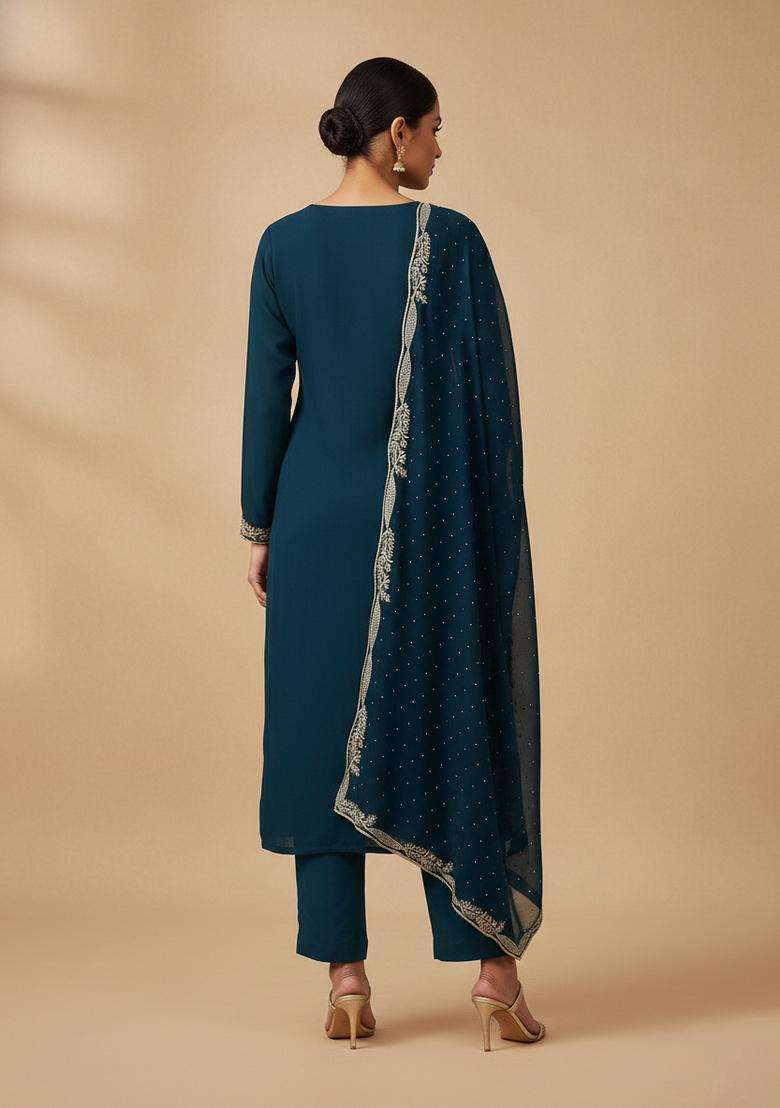 Teal Embroidery Georgette Kurta Set - Indya