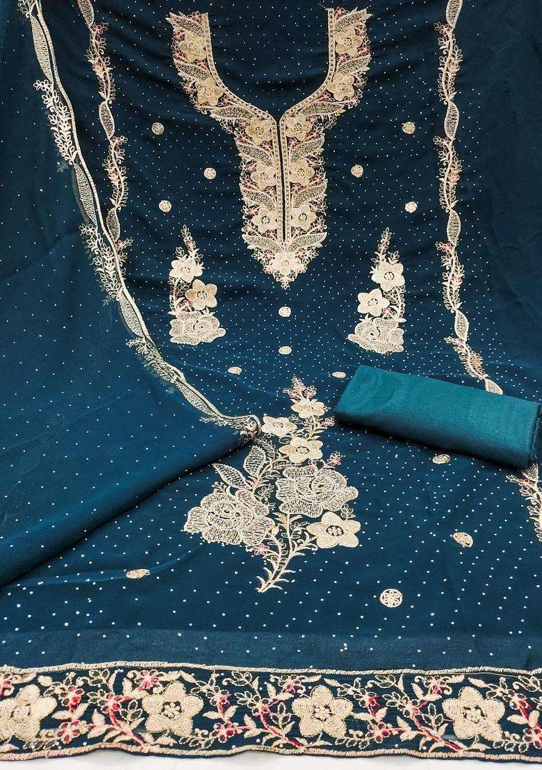 Teal Embroidery Georgette Kurta Set - Indya