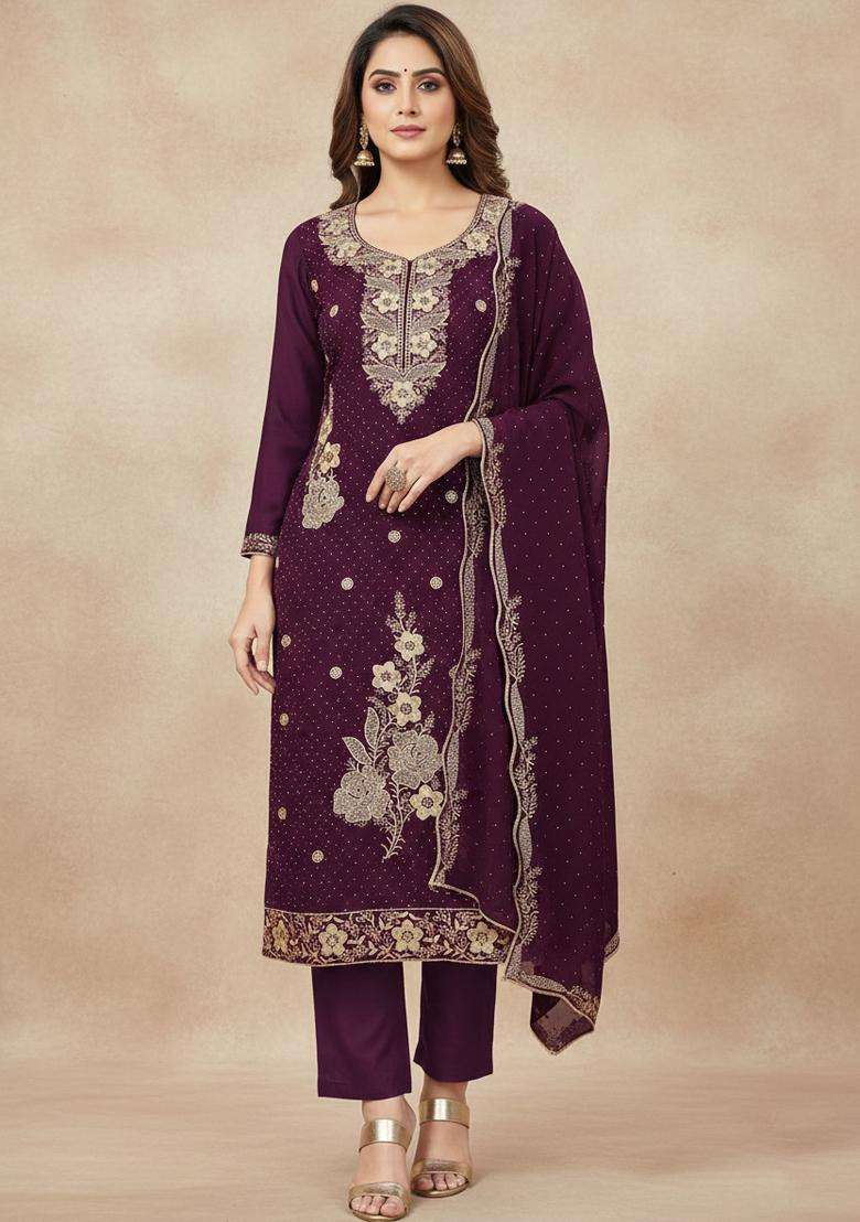 Maroon Embroidery Georgette Kurta Set - Indya