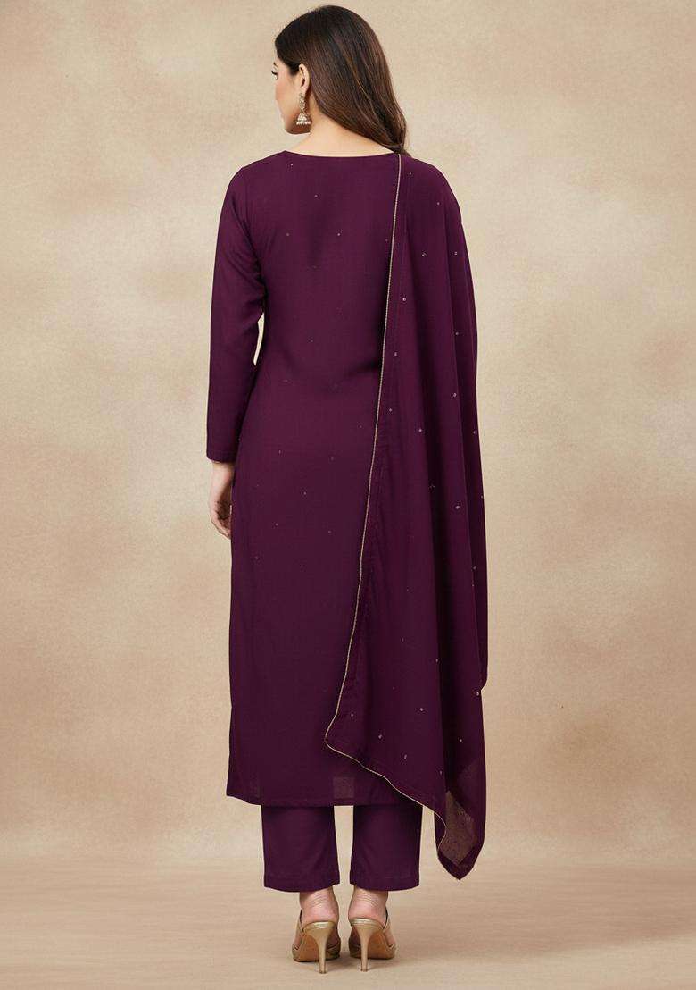 Maroon Embroidery Georgette Kurta Set - Indya