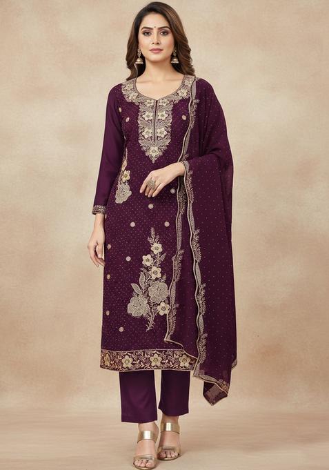 Maroon Embroidery Georgette Kurta Set