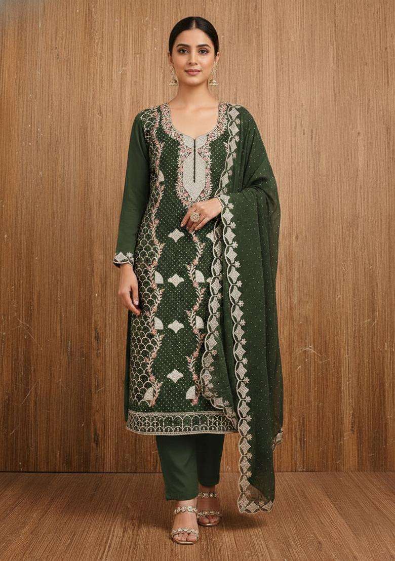 Teal Embroidery Georgette Kurta Set - Indya