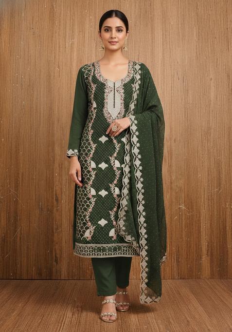 Teal Embroidery Georgette Kurta Set