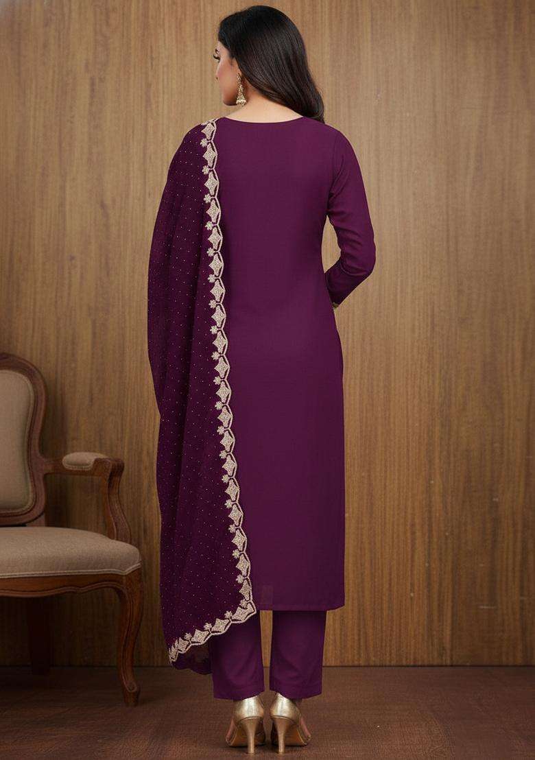 Maroon Embroidery Georgette Kurta Set - Indya