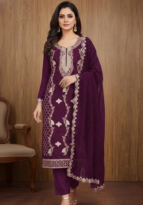 Maroon Embroidery Georgette Kurta Set