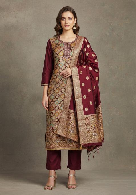 Maroon Embroidery Jacquard Kurta Set
