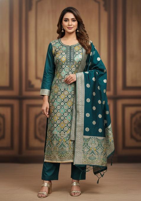 Teal Embroidery Jacquard Kurta Set