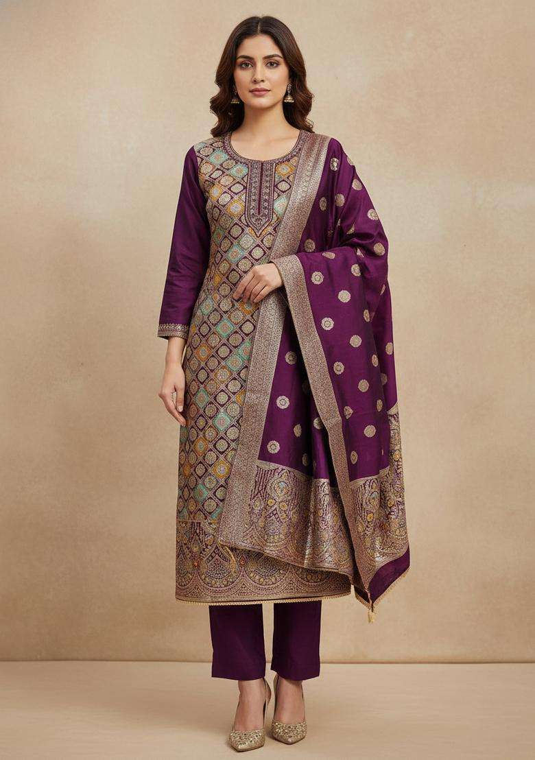 Purple Embroidery Jacquard Kurta Set - Indya