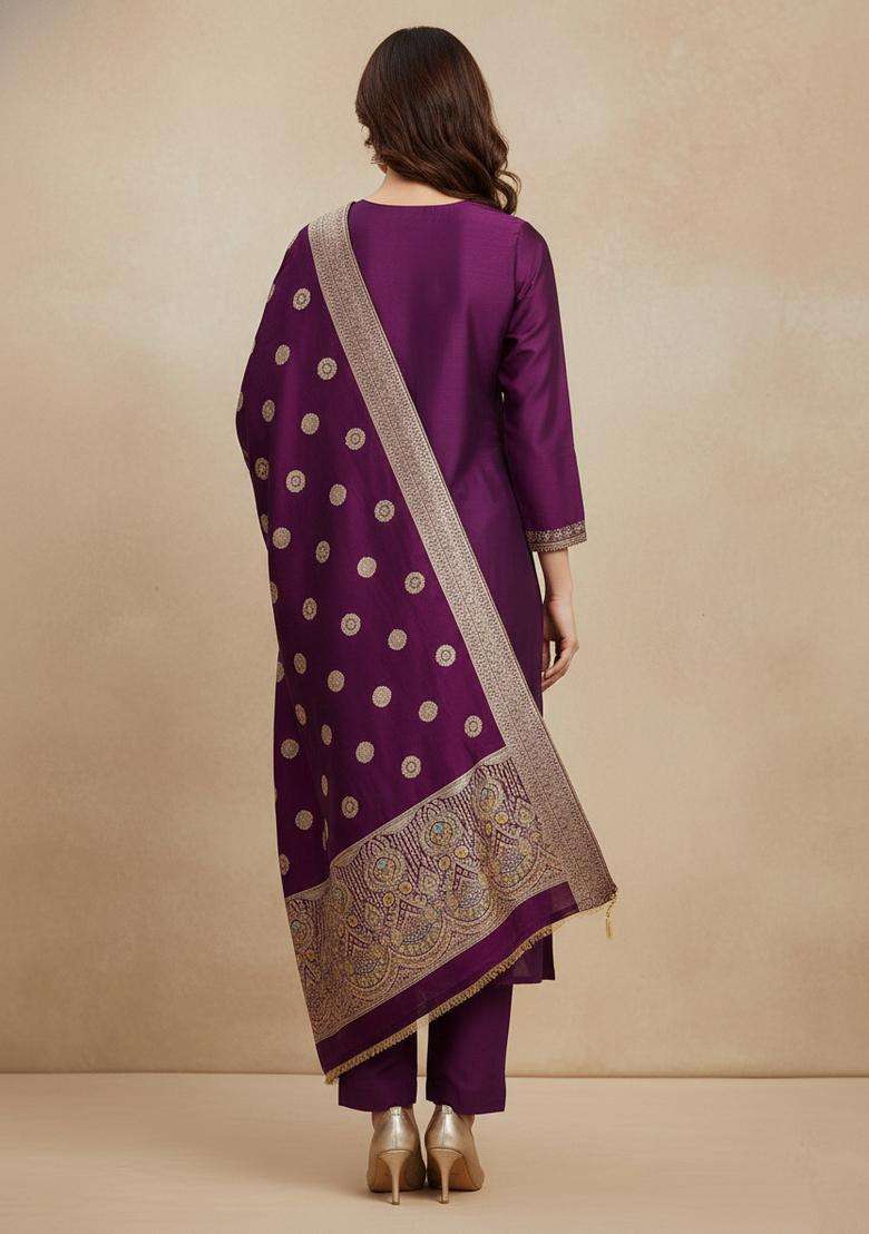 Purple Embroidery Jacquard Kurta Set - Indya