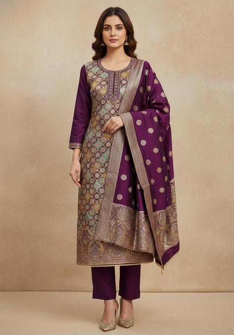 Purple Embroidery Jacquard Kurta Set