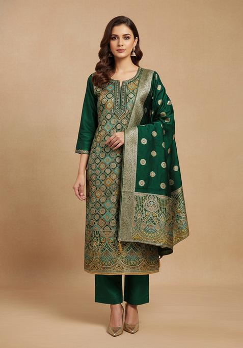 Multicolor Embroidery Jacquard Kurta Set