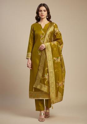 Yellow Embroidery Jacquard Kurta Set