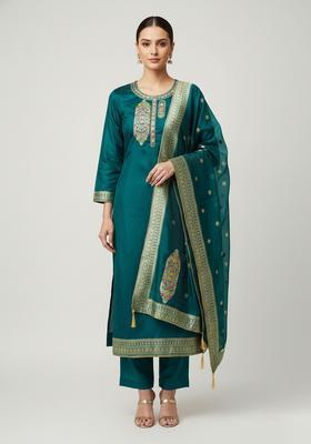 Teal Embroidery Jacquard Kurta Set