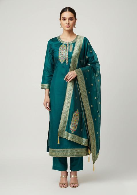 Teal Embroidery Jacquard Kurta Set
