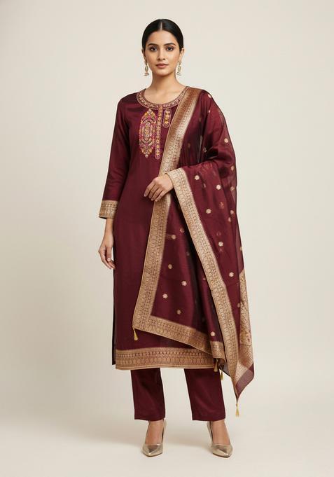 Maroon Embroidery Jacquard Kurta Set