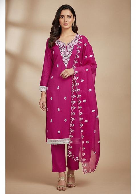 Pink Embroidery Chanderi Kurta Set