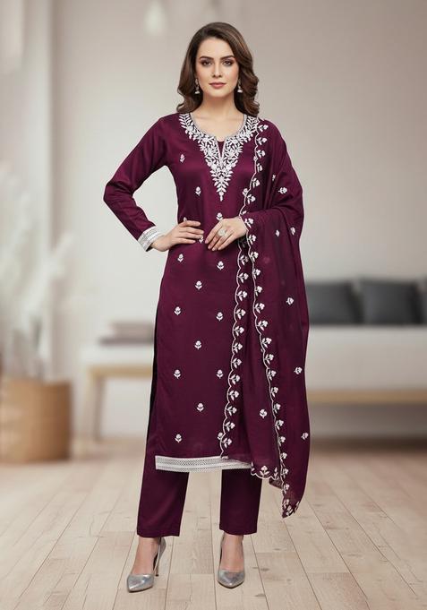 Maroon Embroidery Chanderi Kurta Set