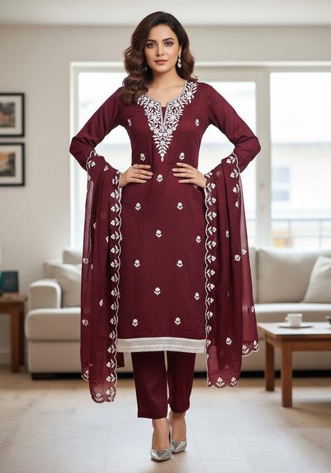 Red Embroidery Chanderi Kurta Set