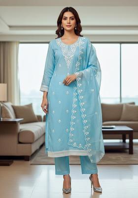 Light Blue Embroidery Chanderi Kurta Set