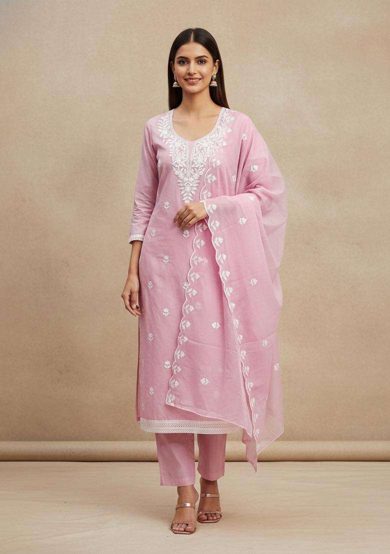 Peach Embroidery Chanderi Kurta Set - Indya
